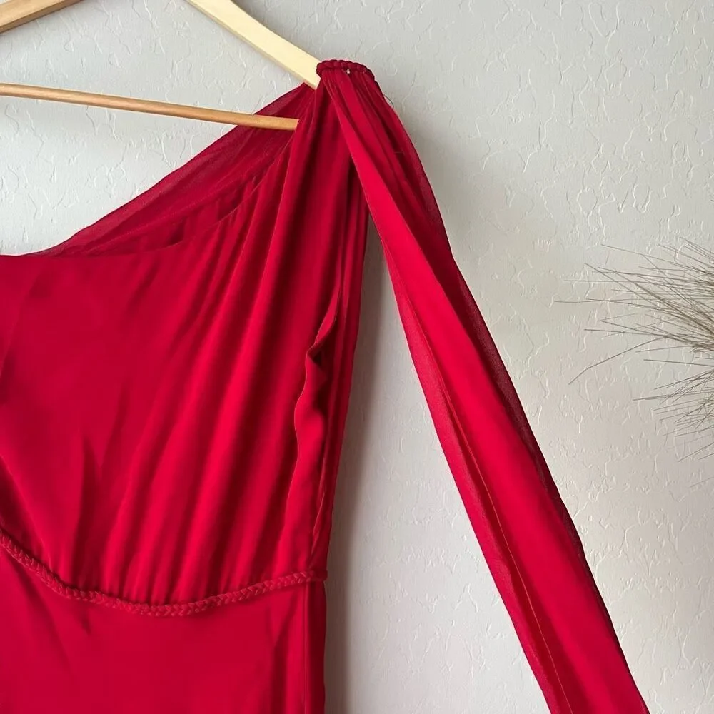 Naeem Khan Red 100% Silk Draped One-Shoulder Braided Waist‎ Chiffon Gown Size 4 - Picture 6 of 13